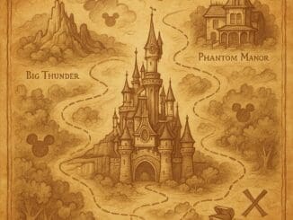 Illustrated image of Hidden Mickeys hidden around Disneyland Paris landmarks with a fun treasure map style