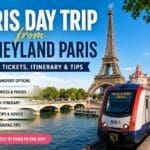 Paris day trip from Disneyland Paris showing Eiffel Tower, RER train and transport guide for families visiting Paris from Disney