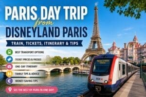 Paris day trip from Disneyland Paris showing Eiffel Tower, RER train and transport guide for families visiting Paris from Disney
