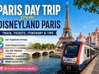 Paris day trip from Disneyland Paris showing Eiffel Tower, RER train and transport guide for families visiting Paris from Disney