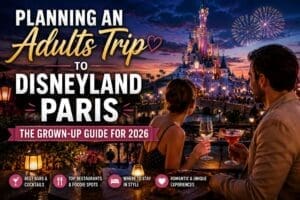 Adults enjoying a stylish Disneyland Paris-inspired evening with cocktails, castle lights and romantic atmosphere