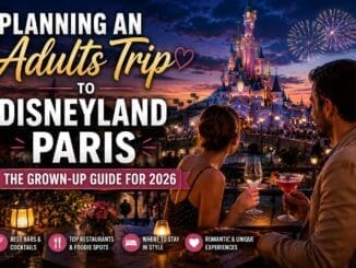 Adults enjoying a stylish Disneyland Paris-inspired evening with cocktails, castle lights and romantic atmosphere