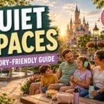 Sensory-friendly quiet spaces guide at Disneyland Paris showing relaxed family taking a calm break in peaceful fantasy park gardens