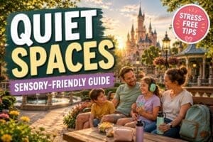 Sensory-friendly quiet spaces guide at Disneyland Paris showing relaxed family taking a calm break in peaceful fantasy park gardens