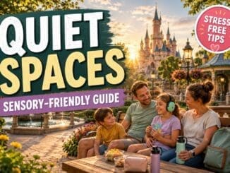 Sensory-friendly quiet spaces guide at Disneyland Paris showing relaxed family taking a calm break in peaceful fantasy park gardens