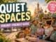 Sensory-friendly quiet spaces guide at Disneyland Paris showing relaxed family taking a calm break in peaceful fantasy park gardens