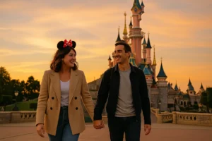 Romantic Couple at Disneyland Paris Castle at Sunset – Magical Disney Date