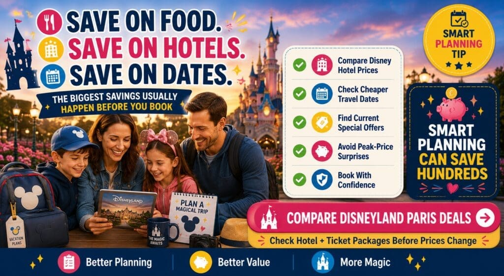 Disneyland Paris holiday planning infographic showing how comparing hotel prices, travel dates and special offers can help families save money before booking their trip.