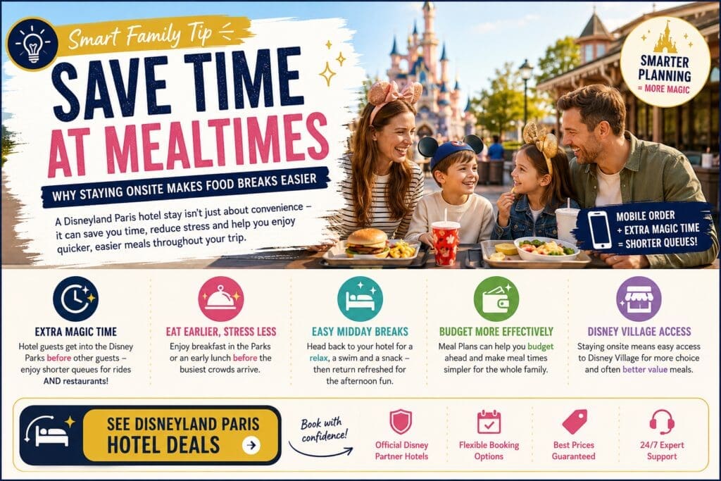 Family enjoying a relaxed meal at Disneyland Paris with hotel planning tips showing how staying onsite can save time, reduce food queues and make park dining easier for families