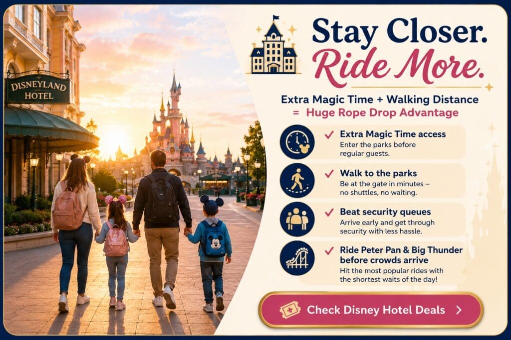 Family walking from a Disneyland Paris hotel towards the park at sunrise showing the benefits of Extra Magic Time, shorter walks, faster security access and early ride access.
