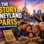 Disneyland Paris history guide showing the evolution from Euro Disney in 1992 to Disney Adventure World with families, castle, vintage park maps and modern attractions