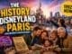 Disneyland Paris history guide showing the evolution from Euro Disney in 1992 to Disney Adventure World with families, castle, vintage park maps and modern attractions
