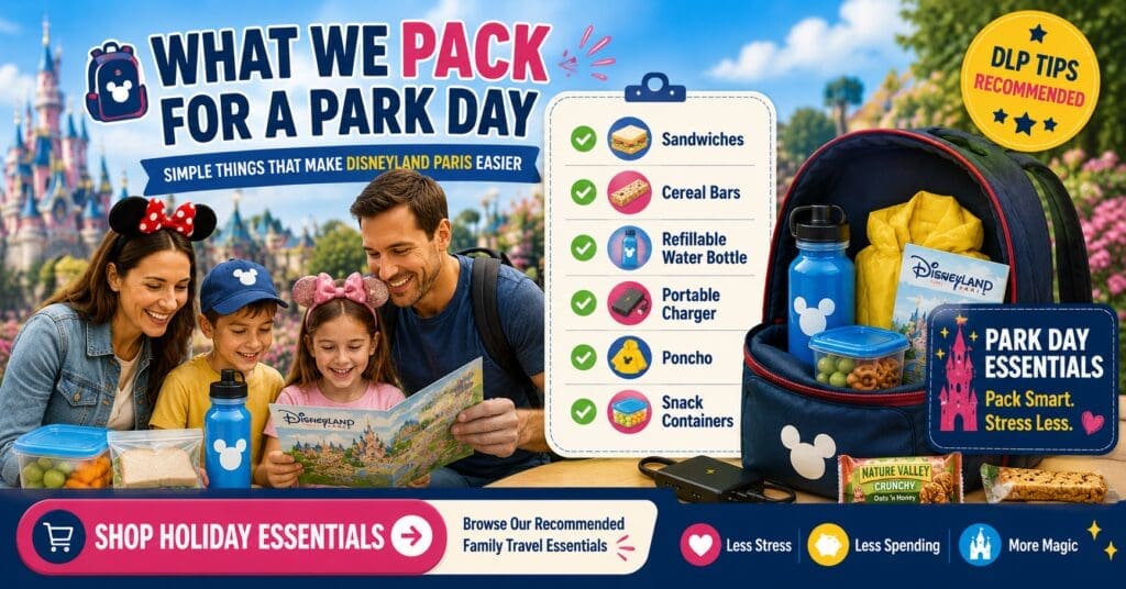 Disneyland Paris park day essentials infographic showing a family backpack packed with snacks, refillable water bottle, portable charger, poncho and travel essentials for a day in the parks.