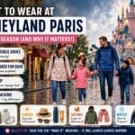 Family walking through Disneyland Paris in different weather conditions wearing practical park clothing including waterproof jackets, comfortable shoes and layered outfits for every season.
