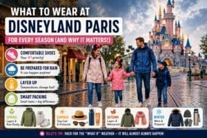 Family walking through Disneyland Paris in different weather conditions wearing practical park clothing including waterproof jackets, comfortable shoes and layered outfits for every season.