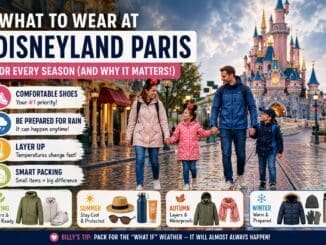 Family walking through Disneyland Paris in different weather conditions wearing practical park clothing including waterproof jackets, comfortable shoes and layered outfits for every season.