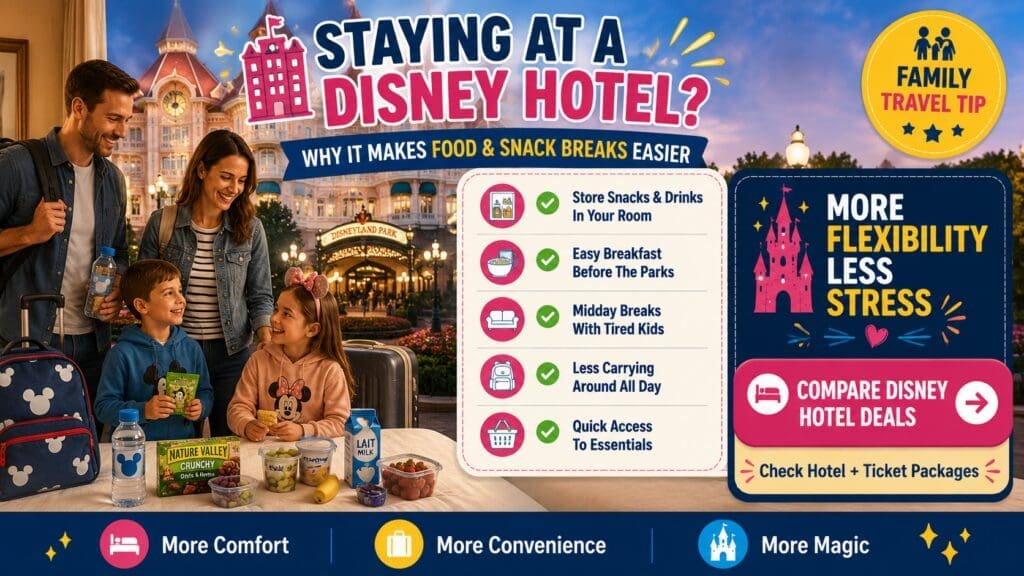 Disneyland Paris hotel infographic showing how staying at a Disney hotel makes food, snack breaks and breakfast planning easier for families visiting the parks.