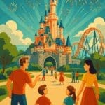 Vintage-style poster illustration of a theme park with castles, roller coasters, fireworks, and families enjoying the park—perfect for a Disneyland Paris history article
