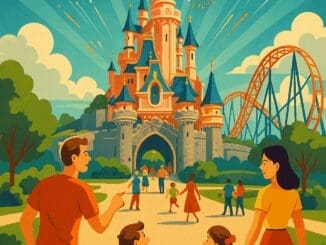 Vintage-style poster illustration of a theme park with castles, roller coasters, fireworks, and families enjoying the park—perfect for a Disneyland Paris history article