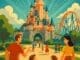 Vintage-style poster illustration of a theme park with castles, roller coasters, fireworks, and families enjoying the park—perfect for a Disneyland Paris history article