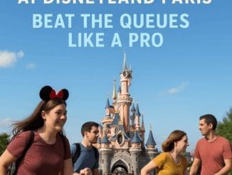 Guests power walking towards Sleeping Beauty Castle at Disneyland Paris during rope drop, under a clear blue sky, with a guide title overlay.