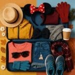 A colourful suitcase packed with seasonal clothes and Disney-themed accessories, including a sunhat, scarf, gloves, sunglasses, comfy shoes, and Minnie Mouse ears, perfect for every season at Disneyland Paris.