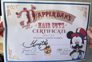 1st haircut certificate from Dapper Dans barbershop in Disneyland Paris