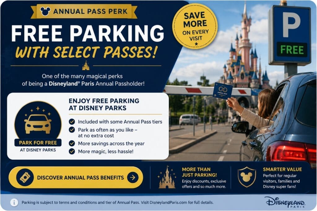 Disneyland Paris Annual Pass parking benefits graphic showing free parking perks for selected passholders with family arriving by car near the Disney parks entrance.