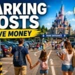 Disneyland Paris parking costs 2026 with family walking from car park toward park entrance and castle in background