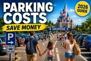 Disneyland Paris parking costs 2026 with family walking from car park toward park entrance and castle in background