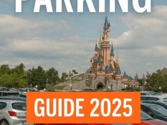 Aerial view of Disneyland Paris car park with entrance signs and parked cars, 2025 parking guide
