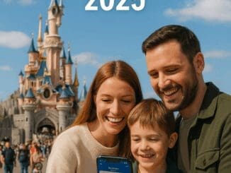 Guests using Disneyland Paris app to plan their rides with Sleeping Beauty Castle in the background