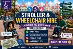 Family using a stroller and wheelchair at Disneyland Paris with information about stroller hire, wheelchair rental and accessibility services