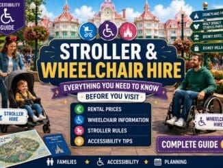 Family using a stroller and wheelchair at Disneyland Paris with information about stroller hire, wheelchair rental and accessibility services