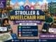 Family using a stroller and wheelchair at Disneyland Paris with information about stroller hire, wheelchair rental and accessibility services