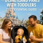 Family with toddler in buggy at Disneyland Paris with Sleeping Beauty Castle