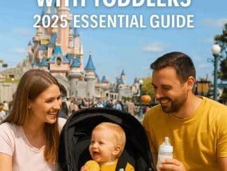 Family with toddler in buggy at Disneyland Paris with Sleeping Beauty Castle