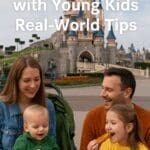 Family with young children enjoying Disneyland Paris, with Sleeping Beauty Castle in the background