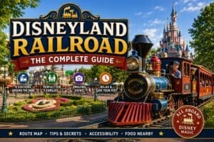Disneyland Railroad steam train travelling around Disneyland Paris with Sleeping Beauty Castle in the background