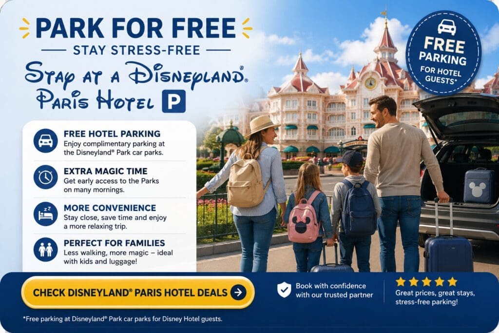 Family arriving at a Disneyland Paris hotel with luggage and car showing free hotel parking benefits, Extra Magic Time and stress-free Disney stay perks for guests.
