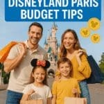 Happy family with shopping bags in front of Disneyland Paris castle, text overlay reads “Disneyland Paris Budget Tips,” with Mickey coin graphics