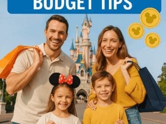 Happy family with shopping bags in front of Disneyland Paris castle, text overlay reads “Disneyland Paris Budget Tips,” with Mickey coin graphics
