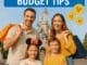 Happy family with shopping bags in front of Disneyland Paris castle, text overlay reads “Disneyland Paris Budget Tips,” with Mickey coin graphics