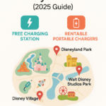 Infographic map showing mobile charging stations at Disneyland Paris with free and portable options for 2025