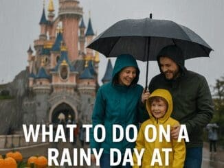Family in raincoats at Disneyland Paris with castle in background during rainy weather, promoting the 2025 rainy day guide