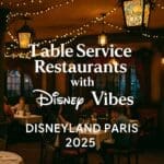 Themed restaurant interior at Disneyland Paris with fairy lights and Disney-style decor, promoting top table service dining options for 2025