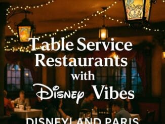 Themed restaurant interior at Disneyland Paris with fairy lights and Disney-style decor, promoting top table service dining options for 2025