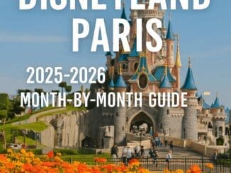 Disneyland Paris castle with seasonal decorations and text overlay for best time to visit in 2025 and 2026