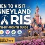 When to visit Disneyland Paris month by month guide showing castle, seasonal atmosphere and tips for crowds, weather, events and prices