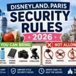 Disneyland Paris security rules 2026 showing allowed and prohibited park items including backpacks, snacks, power banks and selfie sticks